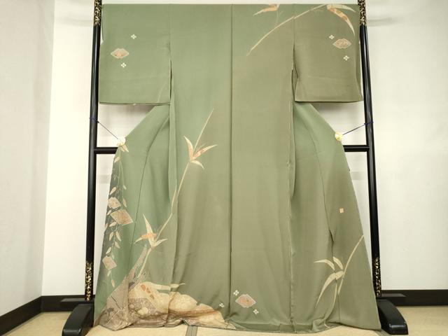 平和屋着物●訪問着　作家物　絞り　刺繍　笹花文　暈し染め　金糸　仮絵羽　正絹　逸品　未使用　AABJ6754ck