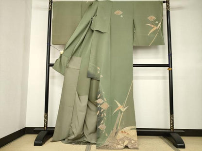 平和屋着物●訪問着　作家物　絞り　刺繍　笹花文　暈し染め　金糸　仮絵羽　正絹　逸品　未使用　AABJ6754ck