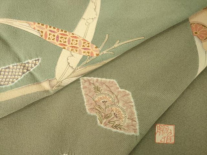 平和屋着物●訪問着　作家物　絞り　刺繍　笹花文　暈し染め　金糸　仮絵羽　正絹　逸品　未使用　AABJ6754ck