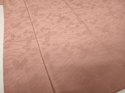 平和屋着物●上質な色無地　花蝶地紋　退紅色　正絹　逸品　AABJ6755ck