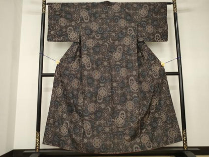 平和屋着物●上質な紬　亀甲花文　黒地　正絹　逸品　AABJ6756ck