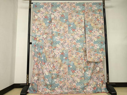 平和屋着物●豪華振袖　更紗花鳥文　ロング丈　正絹　逸品　AABJ6757ck