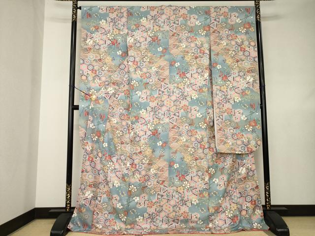 平和屋着物●豪華振袖　更紗花鳥文　ロング丈　正絹　逸品　AABJ6757ck