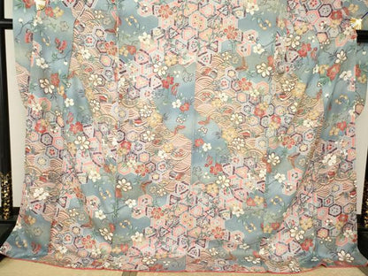平和屋着物●豪華振袖　更紗花鳥文　ロング丈　正絹　逸品　AABJ6757ck