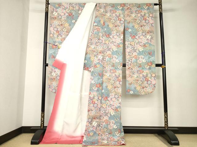 平和屋着物●豪華振袖　更紗花鳥文　ロング丈　正絹　逸品　AABJ6757ck