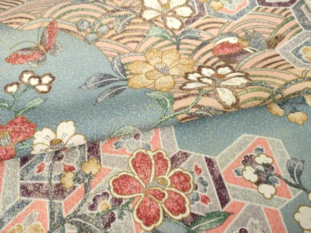 平和屋着物●豪華振袖　更紗花鳥文　ロング丈　正絹　逸品　AABJ6757ck