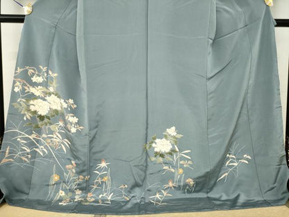 平和屋着物●訪問着　刺繍　草花文　伊と幸　金糸　金彩　仮絵羽　正絹　逸品　未使用　AABJ6759ck