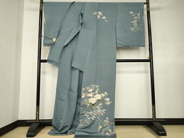 平和屋着物●訪問着　刺繍　草花文　伊と幸　金糸　金彩　仮絵羽　正絹　逸品　未使用　AABJ6759ck