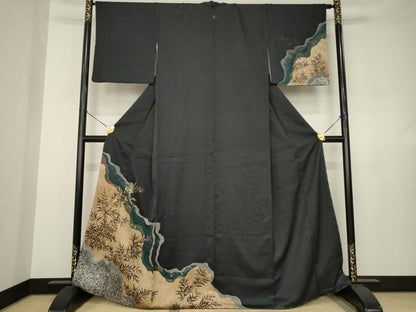 平和屋着物●訪問着　道長草葉文　黒地　金彩　正絹　逸品　AABJ6762ck