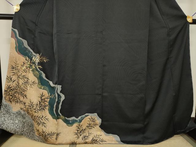 平和屋着物●訪問着　道長草葉文　黒地　金彩　正絹　逸品　AABJ6762ck