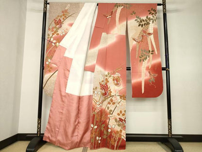 平和屋着物●豪華振袖　駒刺繍　花蝶文　暈し染め　金彩　正絹　逸品　AABJ6769ck