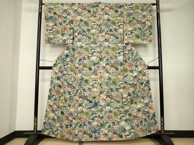 平和屋着物●上質な小紋　型染め　草花文　正絹　逸品　AABJ6790ck