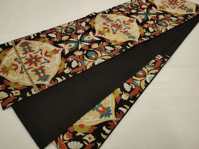 平和屋着物◎六通柄　京本袋帯　唐織　聚楽　飾花文　黒地　金糸　正絹　逸品　AABJ6802pf