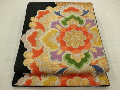 平和屋着物◎六通柄袋帯　唐織　飾花文　黒地　金銀糸　正絹　逸品　AABJ6803pf