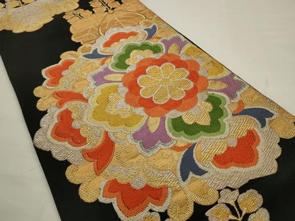 平和屋着物◎六通柄袋帯　唐織　飾花文　黒地　金銀糸　正絹　逸品　AABJ6803pf