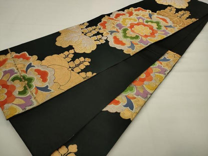 平和屋着物◎六通柄袋帯　唐織　飾花文　黒地　金銀糸　正絹　逸品　AABJ6803pf