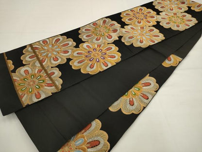 平和屋着物◎六通柄袋帯　飾花文　黒地　金糸　AABJ6804pf