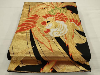 平和屋着物◎六通柄袋帯　鳳凰　黒地　金糸　正絹　逸品　AABJ6807pf