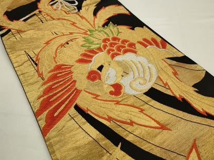 平和屋着物◎六通柄袋帯　鳳凰　黒地　金糸　正絹　逸品　AABJ6807pf