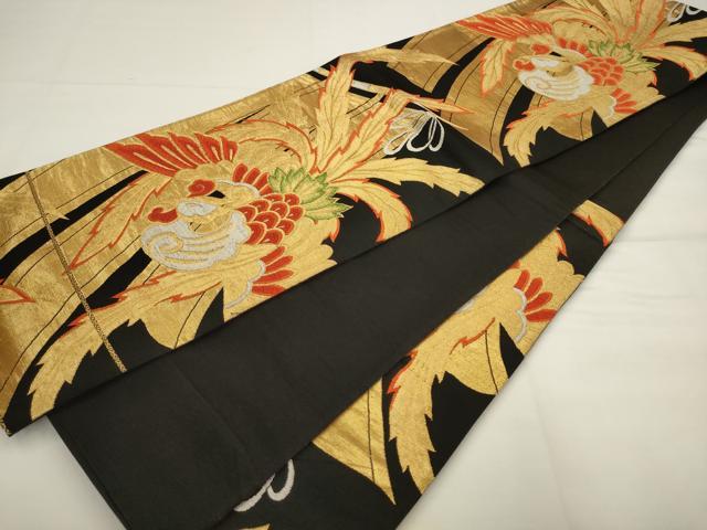平和屋着物◎六通柄袋帯　鳳凰　黒地　金糸　正絹　逸品　AABJ6807pf