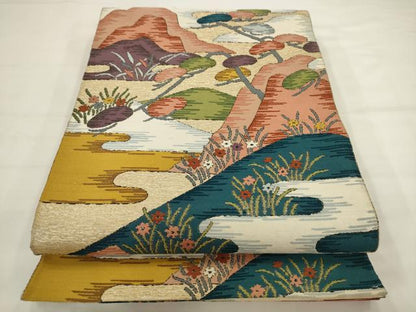 平和屋着物◎六通柄袋帯　唐織　風景文　金糸　正絹　逸品　AABJ6811pf