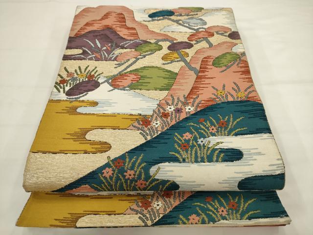 平和屋着物◎六通柄袋帯　唐織　風景文　金糸　正絹　逸品　AABJ6811pf
