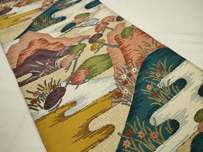 平和屋着物◎六通柄袋帯　唐織　風景文　金糸　正絹　逸品　AABJ6811pf
