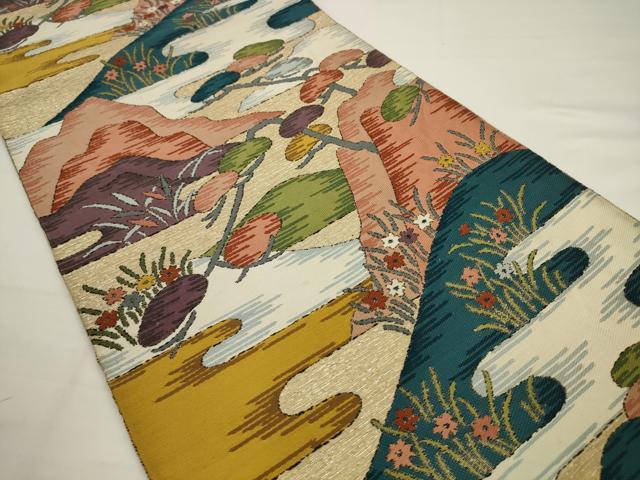 平和屋着物◎六通柄袋帯　唐織　風景文　金糸　正絹　逸品　AABJ6811pf