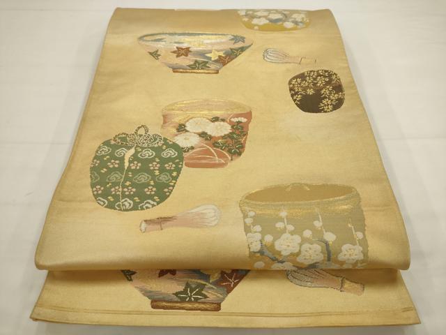 平和屋着物◎六通柄袋帯　唐織　陶器文　金糸　正絹　逸品　AABJ6815pf