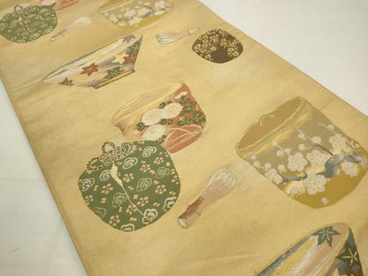 平和屋着物◎六通柄袋帯　唐織　陶器文　金糸　正絹　逸品　AABJ6815pf