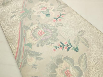 平和屋着物◎六通柄袋帯　唐織　更紗花文　銀糸　正絹　逸品　AABJ6820pf