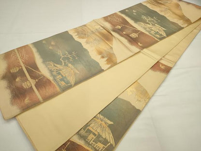 平和屋着物◎六通柄袋帯　風景文　金糸　引箔　正絹　逸品　AABJ6823pf