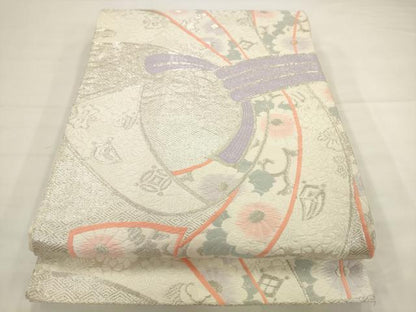 平和屋着物◎六通柄袋帯　唐織　束ね熨斗花文　銀糸　正絹　逸品　AABJ6825pf