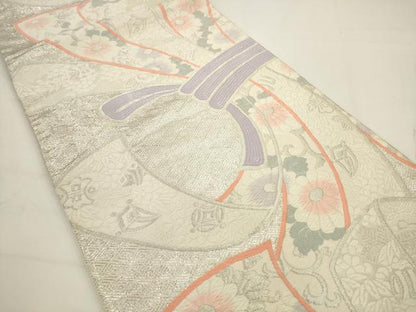 平和屋着物◎六通柄袋帯　唐織　束ね熨斗花文　銀糸　正絹　逸品　AABJ6825pf