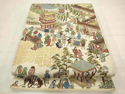 平和屋着物◎六通柄袋帯　唐織　人物風景文　金糸　正絹　逸品　AABJ6829pf