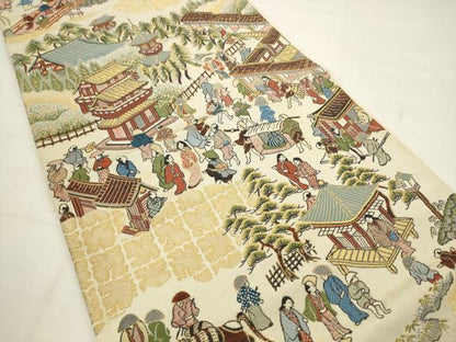 平和屋着物◎六通柄袋帯　唐織　人物風景文　金糸　正絹　逸品　AABJ6829pf