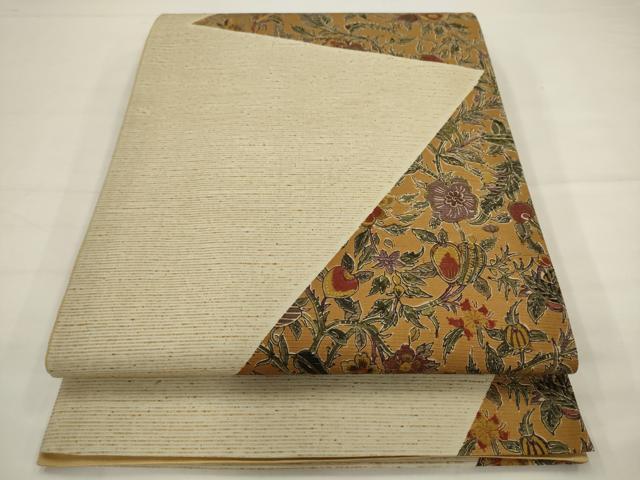 平和屋着物◎全通柄袋帯　ぜんまい紬地　更紗花文　正絹　逸品　AABJ6831pf