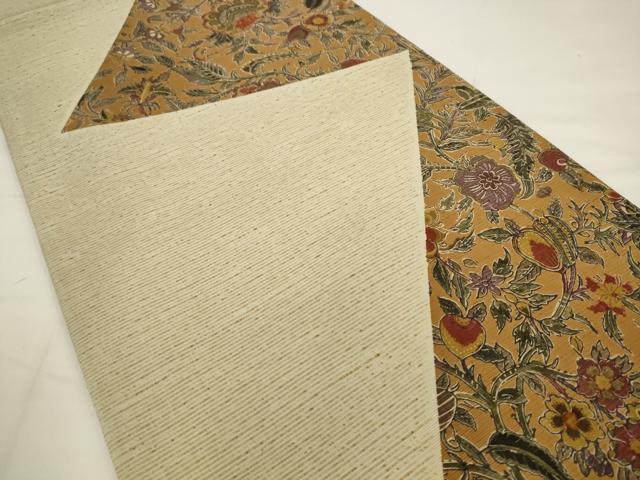 平和屋着物◎全通柄袋帯　ぜんまい紬地　更紗花文　正絹　逸品　AABJ6831pf