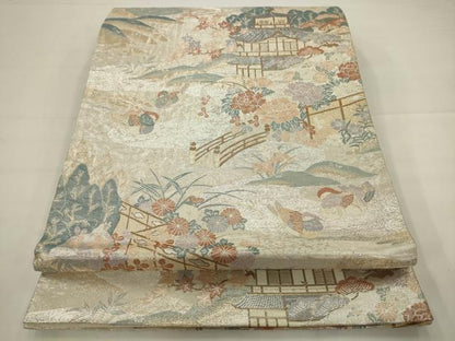 平和屋着物◎六通柄袋帯　鴛鴦風景花文　金銀糸　正絹　逸品　AABJ6832pf
