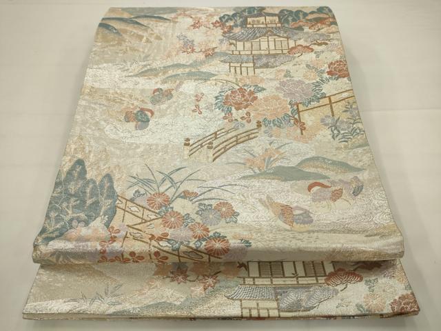 平和屋着物◎六通柄袋帯　鴛鴦風景花文　金銀糸　正絹　逸品　AABJ6832pf