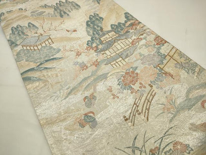 平和屋着物◎六通柄袋帯　鴛鴦風景花文　金銀糸　正絹　逸品　AABJ6832pf