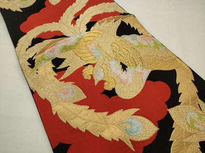 平和屋着物◎六通柄袋帯　鳳凰　黒地　金糸　正絹　逸品　AABJ6838pf