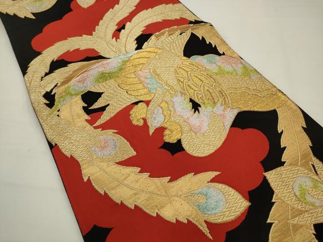 平和屋着物◎六通柄袋帯　鳳凰　黒地　金糸　正絹　逸品　AABJ6838pf