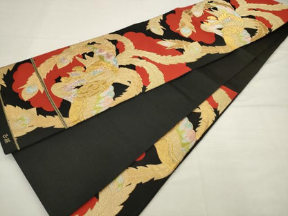 平和屋着物◎六通柄袋帯　鳳凰　黒地　金糸　正絹　逸品　AABJ6838pf