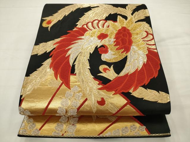 平和屋着物◎六通柄袋帯　唐織　鳳凰花文　黒地　金銀糸　正絹　逸品　AABJ6839pf