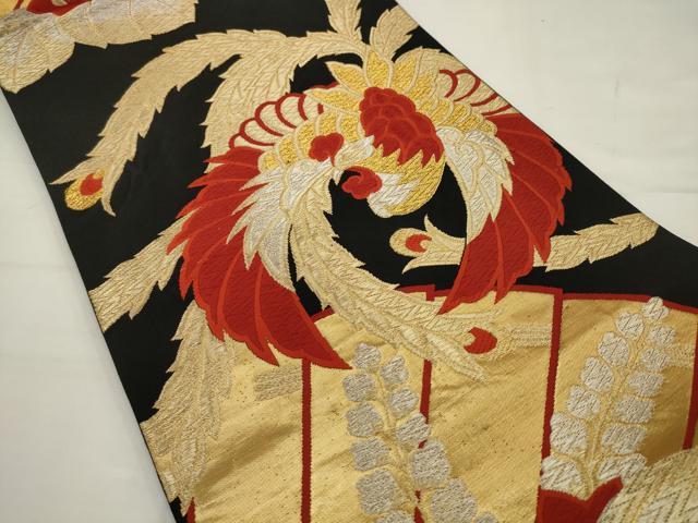 平和屋着物◎六通柄袋帯　唐織　鳳凰花文　黒地　金銀糸　正絹　逸品　AABJ6839pf