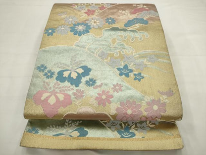 平和屋着物◎六通柄袋帯　立波風景花文　金糸　正絹　逸品　AABJ6840pf