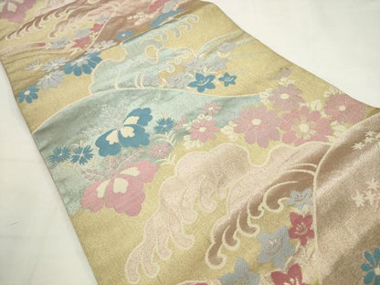 平和屋着物◎六通柄袋帯　立波風景花文　金糸　正絹　逸品　AABJ6840pf