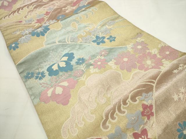 平和屋着物◎六通柄袋帯　立波風景花文　金糸　正絹　逸品　AABJ6840pf