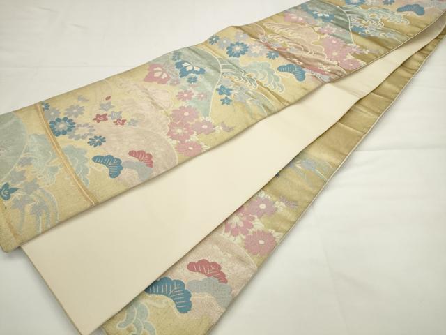 平和屋着物◎六通柄袋帯　立波風景花文　金糸　正絹　逸品　AABJ6840pf